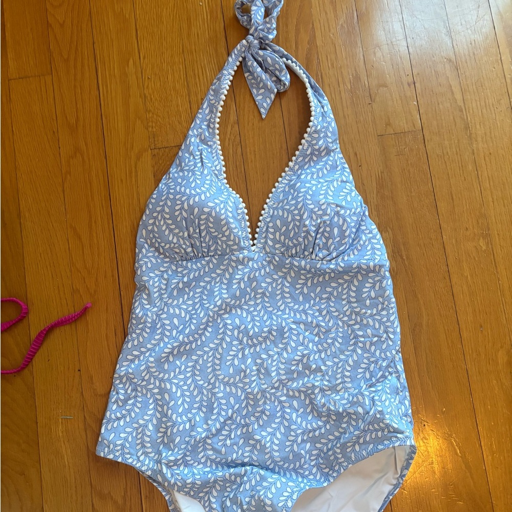 Heidi Klein Light Blue & White Halter One-Piece Swimsuit